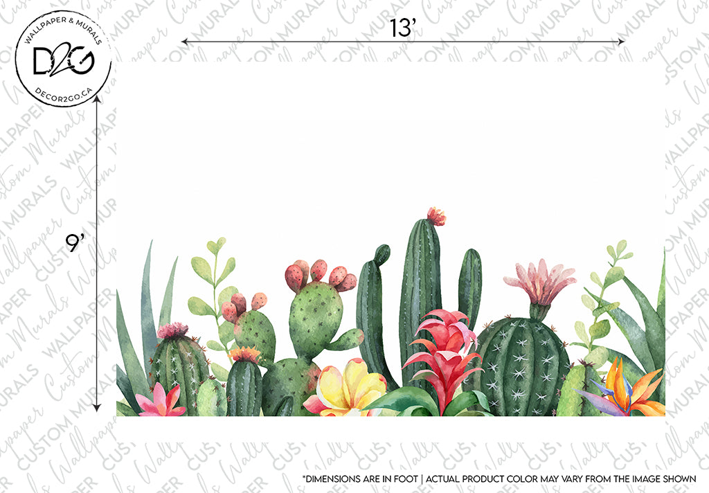 Illustration of various colorful cacti and rustic succulent plants with different shapes and blooms, arranged in a row against a white background with measurement markings along the top and left side can be seen in the Garden of Cactus Wallpaper Mural by Decor2Go Wallpaper Mural.