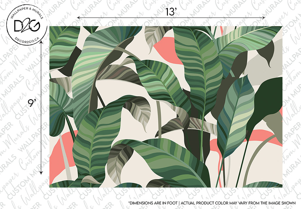 A Colorful Tropical Leaves Wallpaper Mural design showcasing tropical leaves in shades of green, white, and hints of pink, with an overlay of grid lines and a watermark reading "Decor2Go Wallpaper Mural". This is a dream.