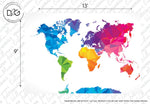 A colorful, embossed-texture Decor2Go Wallpaper Mural with continents in different bright colors on a white background, with the text "dimensions are in foot | actual product color may vary from the image shown.