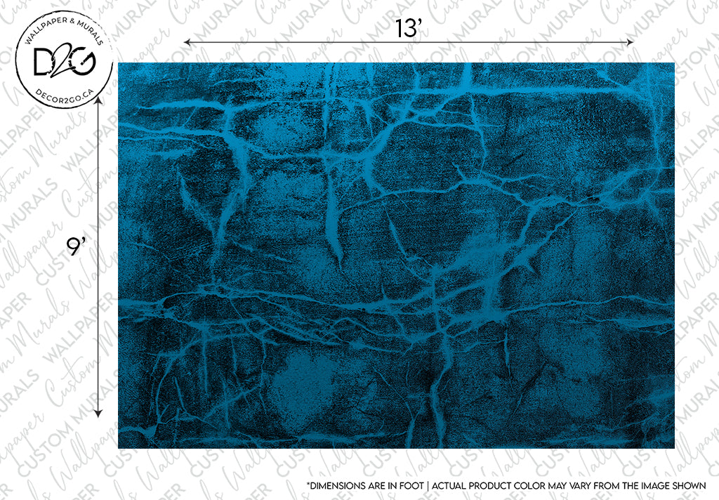A textured Glacial Frost wallpaper mural sample in deep blue color featuring a complex network of white crack-like patterns. Text labels indicate dimensions and vary in actual Decor2Go Wallpaper Mural color.