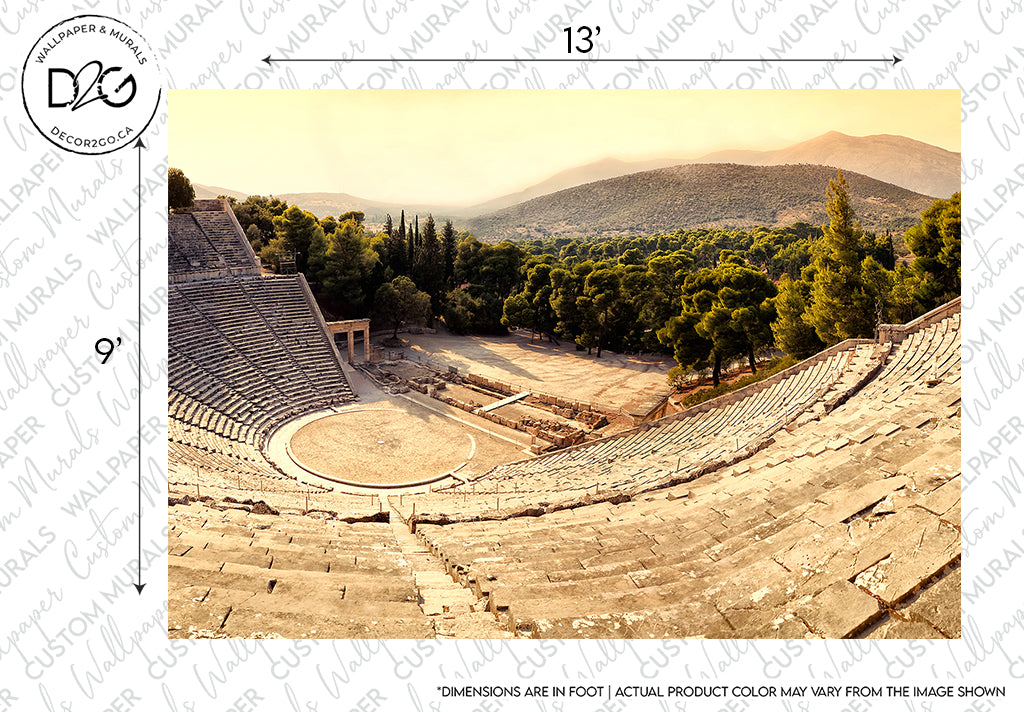 An ancient Greek Epidavros Theater with tiered stone seating overlooks a lush valley and forested hills under a clear sky.