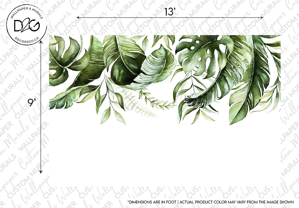 Illustration of various green tropical leaves arranged in a gentle arch, designed as a Decor2Go Wallpaper Mural called "Green is in the air" against a pure white background. The design includes different shades and shapes of foliage.