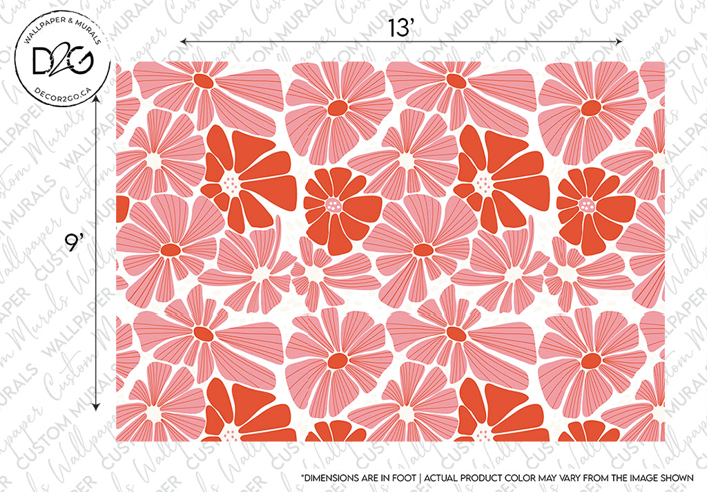 A pattern of vibrant coral and pink Groovy Flowers on a white background with dimensions marked, indicating a custom design mural for fabric or wallpaper by Decor2Go Wallpaper Mural.