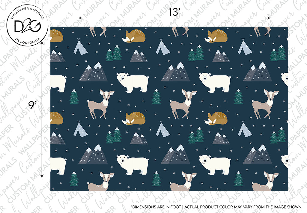 Patterned fabric featuring Decor2Go Wallpaper Mural Hand Drawn Animal Forest Wallpaper Mural with polar bears, deer, foxes, and trees in geometric shapes on a dark blue background with small white speckles, and a ruler for measurements.