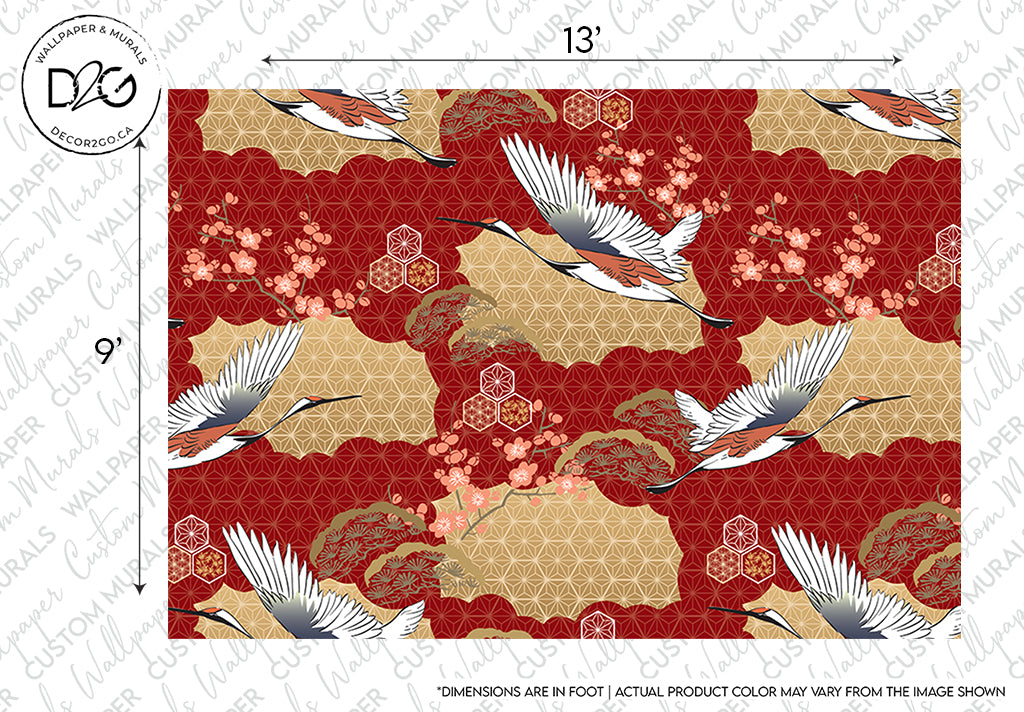 A vibrant Decor2Go Wallpaper Mural featuring a pattern of flying cranes over a layered background of red and gold geometric and floral motifs.