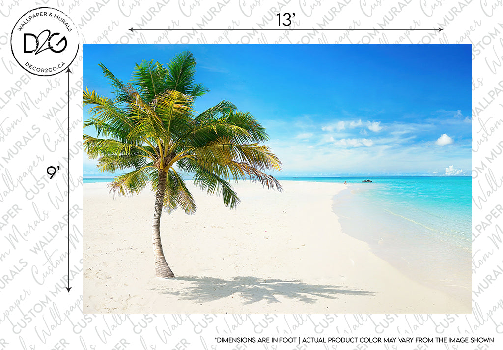 Island in the Sun wallpaper mural with clear blue sky and gentle waves, featuring a central palm tree bending towards the ocean. A solitary boat floats in the distance. A watermark and measurement guide are visible for customizing by Decor2Go Wallpaper Mural.