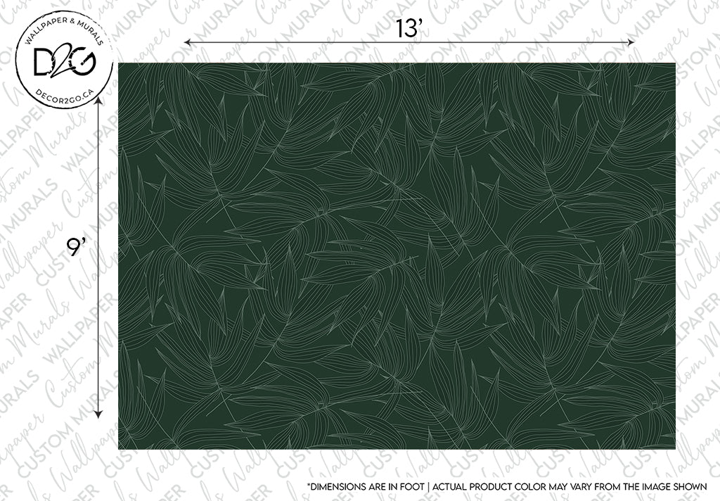 A wallpaper sample featuring a dark green background with a subtle Leaves lines pattern of overlapping white lines resembling delicate leaves or feathers. The image includes a logo and measurement details, perfect for a feature wall inspired by nature from Decor2Go Wallpaper Mural.