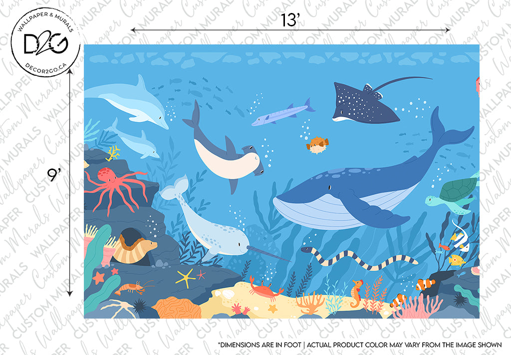 Illustration of a vibrant Decor2Go Wallpaper Mural featuring various sea creatures such as a whale, sharks, dolphins, stingray, tropical fish, and crab set against a blue ocean background.