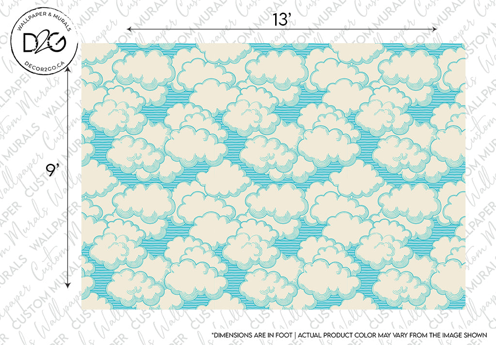 Decorative Living in the Clouds Wallpaper Mural design featuring overlapping fluffy white clouds on a light teal background, scaled with measurements. The design includes the logo and disclaimer on color accuracy. Created by Decor2Go Wallpaper Mural.