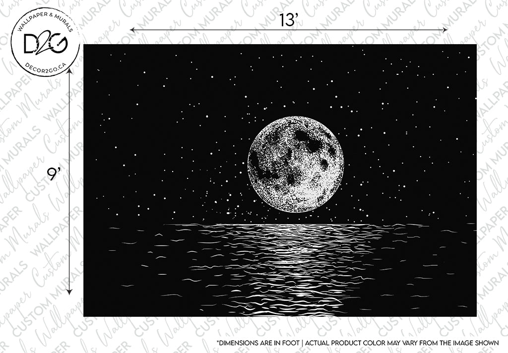 A black and white artistic illustration for a Decor2Go Wallpaper Mural, depicting a large, detailed moon shining over a rippling body of water under a starry sky, with dimensions and branding information indicated around