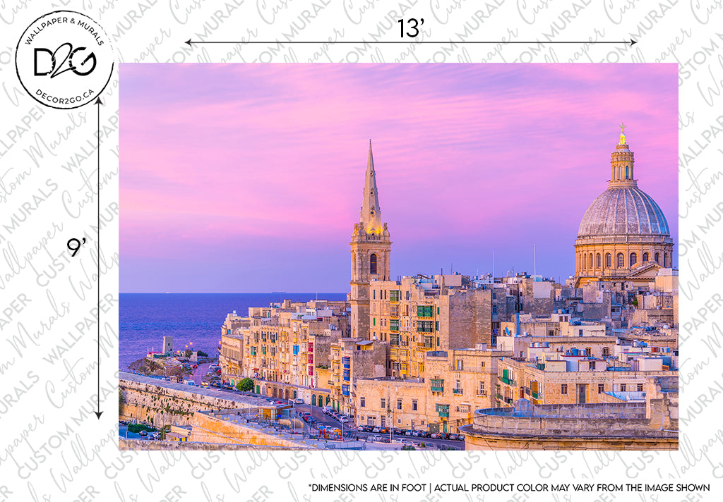 A captivating view of Valletta, Malta at dusk featuring historic stone buildings and prominent spires against a vivid purple sky. Watermark and measurement indicators are visible on the Decor2Go Wallpaper Mural.