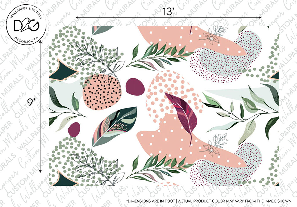 Illustration of abstract shapes and botanical elements in a pastel color palette, artistically placed on a white background with dimension markers indicating size for Decor2Go Wallpaper Mural's Millenial Collage Wallpaper Mural.