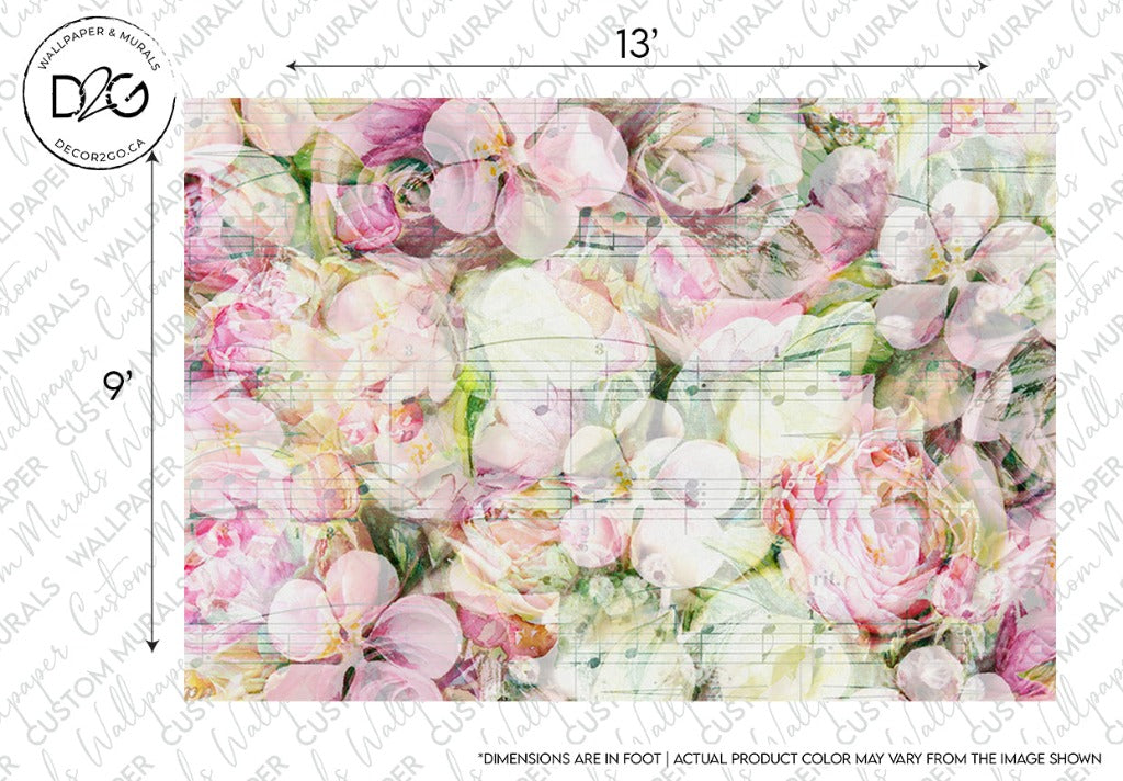 An elegant Musical Roses Wallpaper Mural design by Decor2Go featuring an overlay of soft pink and white roses mixed with green leaves and subtle grid lines, noted with dimensions and a disclaimer about color accuracy.