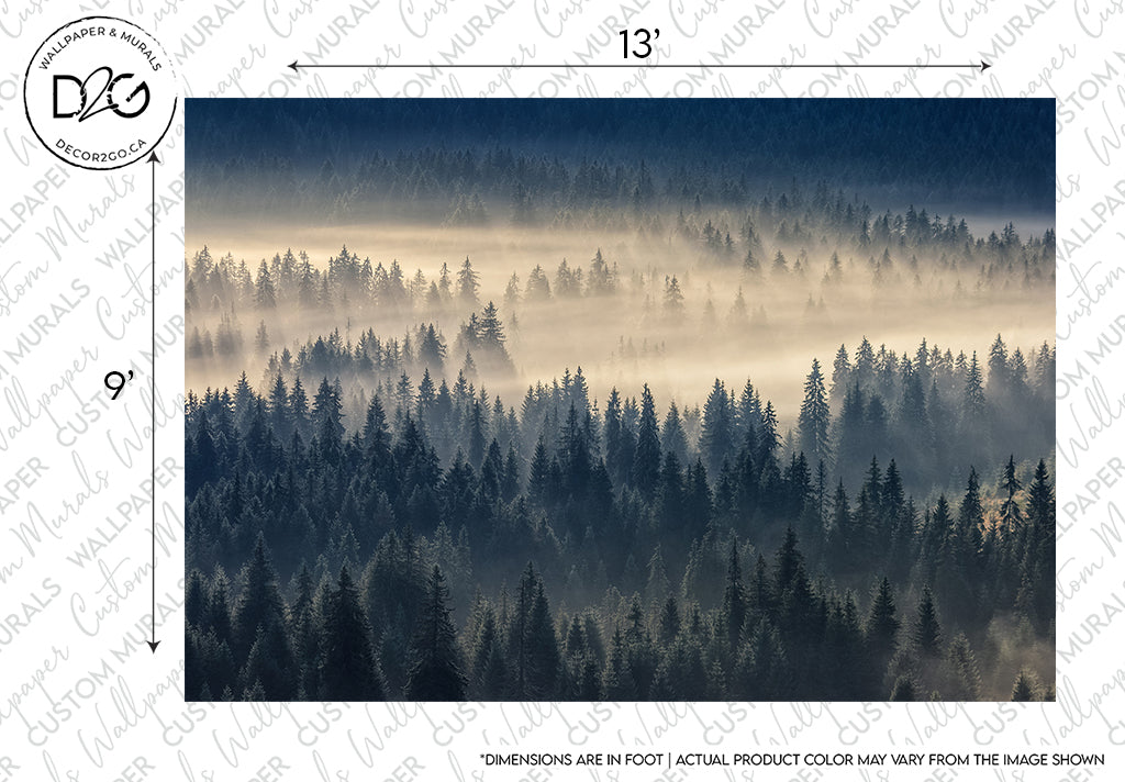 Aerial view of a dense Boreal forest with layered pine trees partially obscured by fog, illuminated by soft sunlight. The image includes watermark text and logos around the borders of the Decor2Go Wallpaper Mural - Mysterious Forest Wallpaper Mural.