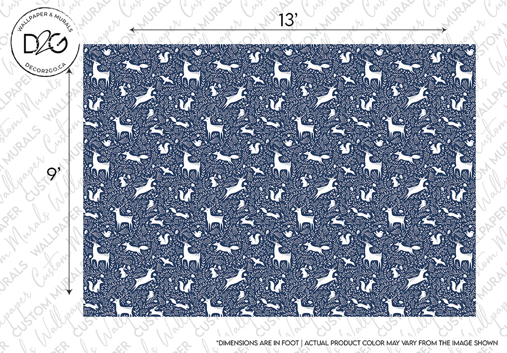Decor2Go Wallpaper Mural Blue Woodland Animals Wallpaper Mural design featuring a dense, repeating pattern of stylized woodland animals and foliage, with a label in the top left corner and measurement indicators along the borders.