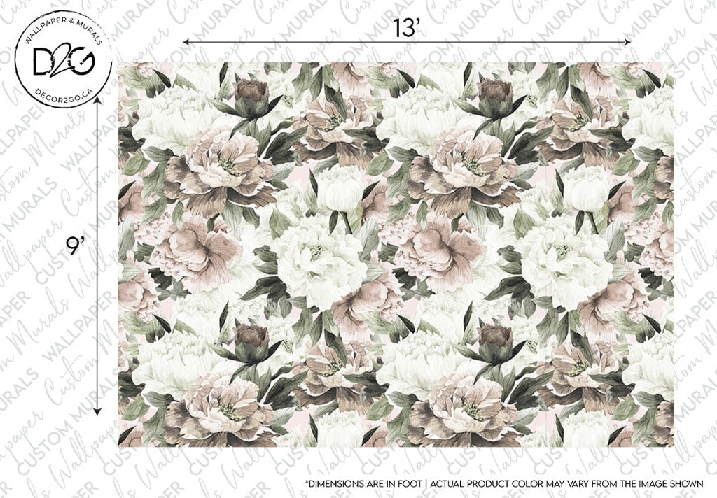 A Decor2Go Wallpaper Mural featuring a detailed pattern of pastel-colored peonies and roses on a light background, with dimensions marked for clarity.