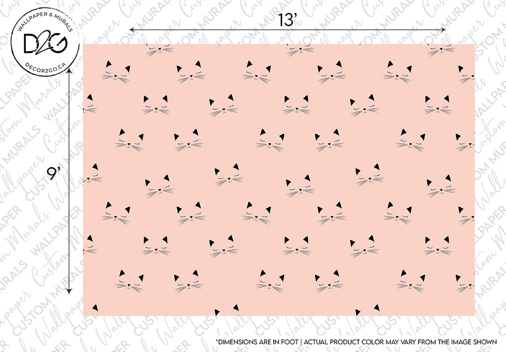 A Cat Love wallpaper mural design featuring a repeated pattern of black cat faces with pointed ears and whiskers, enclosed in a rectangular frame with a logo at the top left corner by Decor2Go Wallpaper Mural.