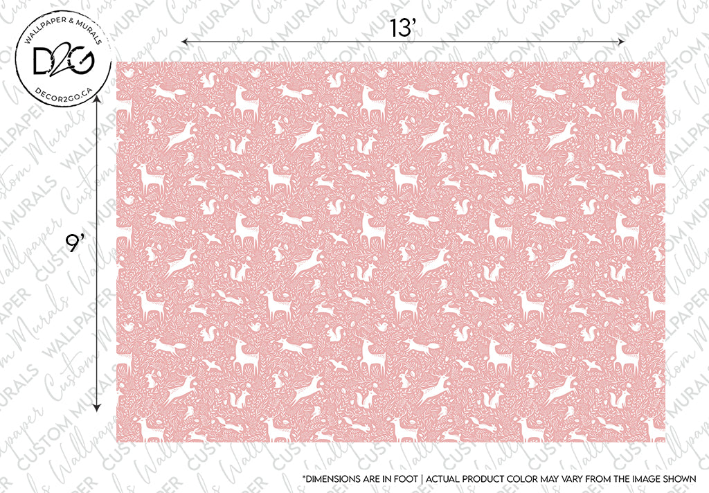 A 13 by 9 inch paper with a pink background featuring a repetitive white bunny pattern, marked by Decor2Go Wallpaper Mural, indicating dimensions not actual size and product color may vary. Perfect for children's
