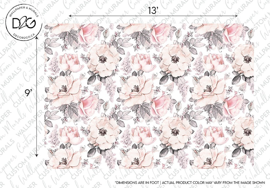 Decorative Pink Drawn Flowers Wallpaper Mural by Decor2Go Wallpaper Mural featuring an array of pale pink and peach roses with subtle green leaves, set on a white background. Measuring dimensions are marked along the sides. Ideal for adding elegance and romance to any living space decor.