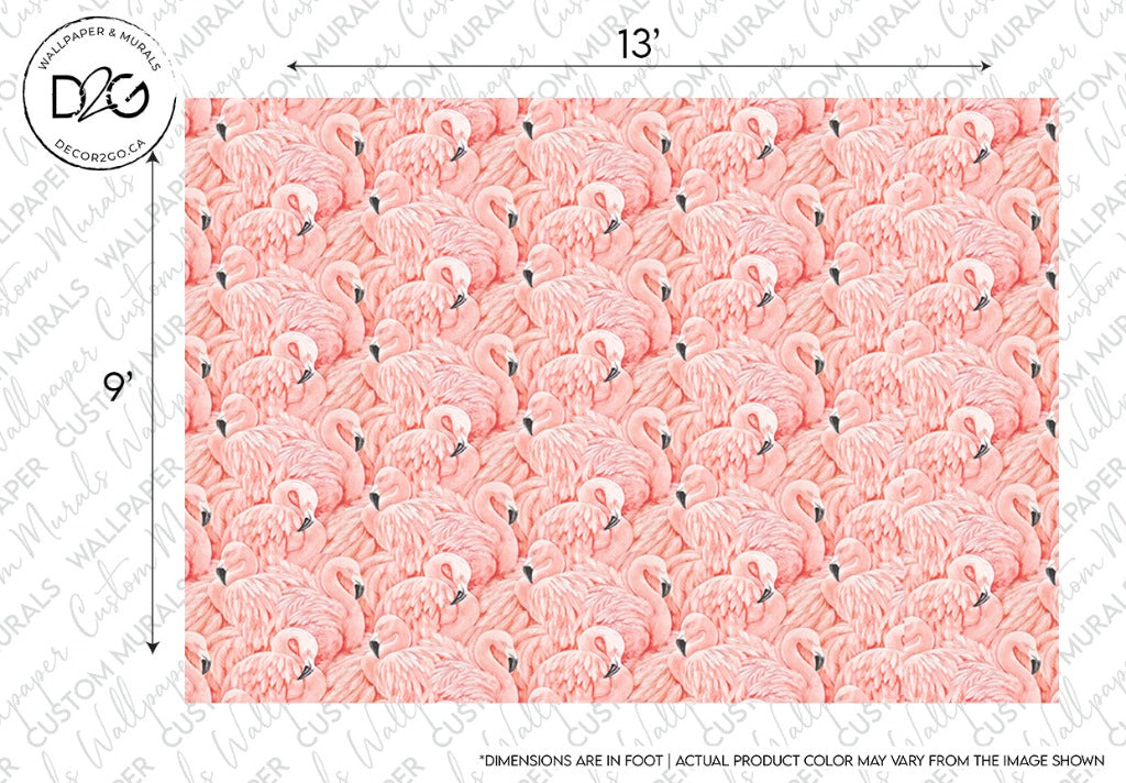 Decor2Go Wallpaper Mural featuring a repeated pattern of Pink Flamingos on a coral background, specified with dimensions and a label indicating potential color variation, perfect for any flamingo lover’s bedroom.