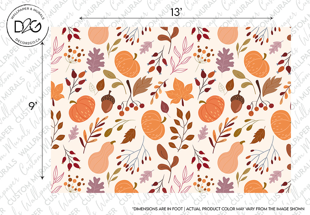A patterned design featuring fall-themed elements like pumpkin illustrations, leaves, acorns, and berries in earthy colors of orange, brown, and purple on a light background from the Decor2Go Wallpaper Mural brand, with a label and dimensions