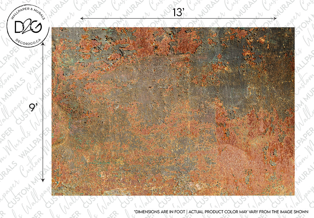 An aged and textured rusted metal surface showing natural patina with green and brown oxidation patterns, framed by a watermark and size indications for a Decor2Go Wallpaper Mural industrial design wallpaper mural.