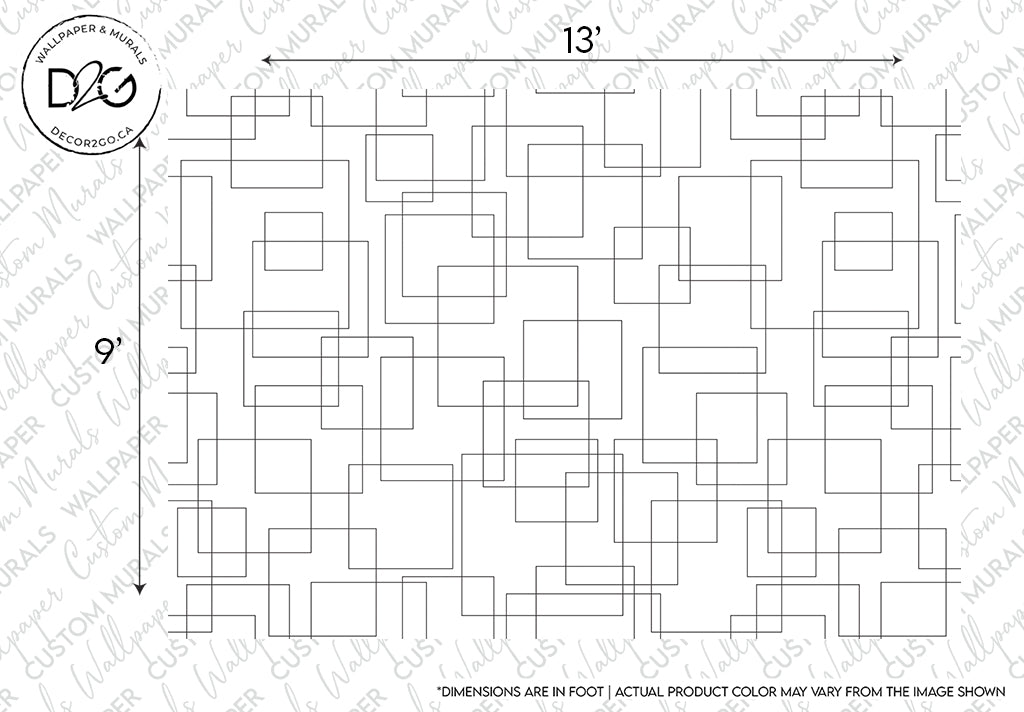 An outline of Decor2Go Scattered Squares Wallpaper Mural design with various overlapping squares and rectangles, accompanied by dimensions indicating the pattern spans 13 by 9 feet.