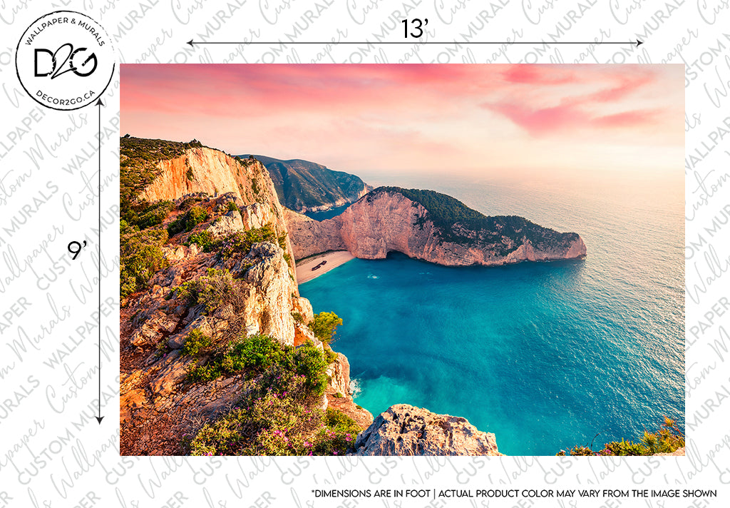 Sunset illuminating the cliffs and turquoise waters of a serene beach cove, with the Decor2Go Wallpaper Mural Sea Horizon wallpaper mural watermark and measurement markings around the border of the image.