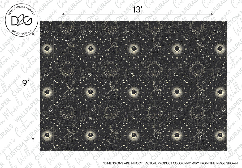 A black and white Decor2Go Wallpaper Mural featuring a repeating pattern of circular motifs and sacred geometry elements, with custom sizing available.