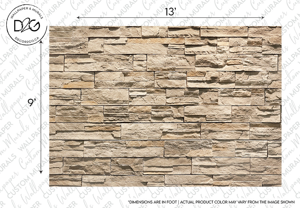 A textured wall made of layered Decor2Go Wallpaper Mural taupe and light brown brick blocks, presented as a Taupe Brick Wallpaper Mural sample with the dimensions 13' by 9'. The image includes an overlay of branding and measurement details.