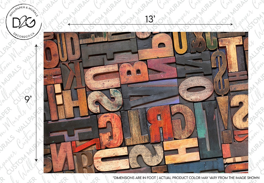 An assortment of Decor2Go Wallpaper Mural in various sizes and fonts, featuring letters and numbers with a colorful weathered look.