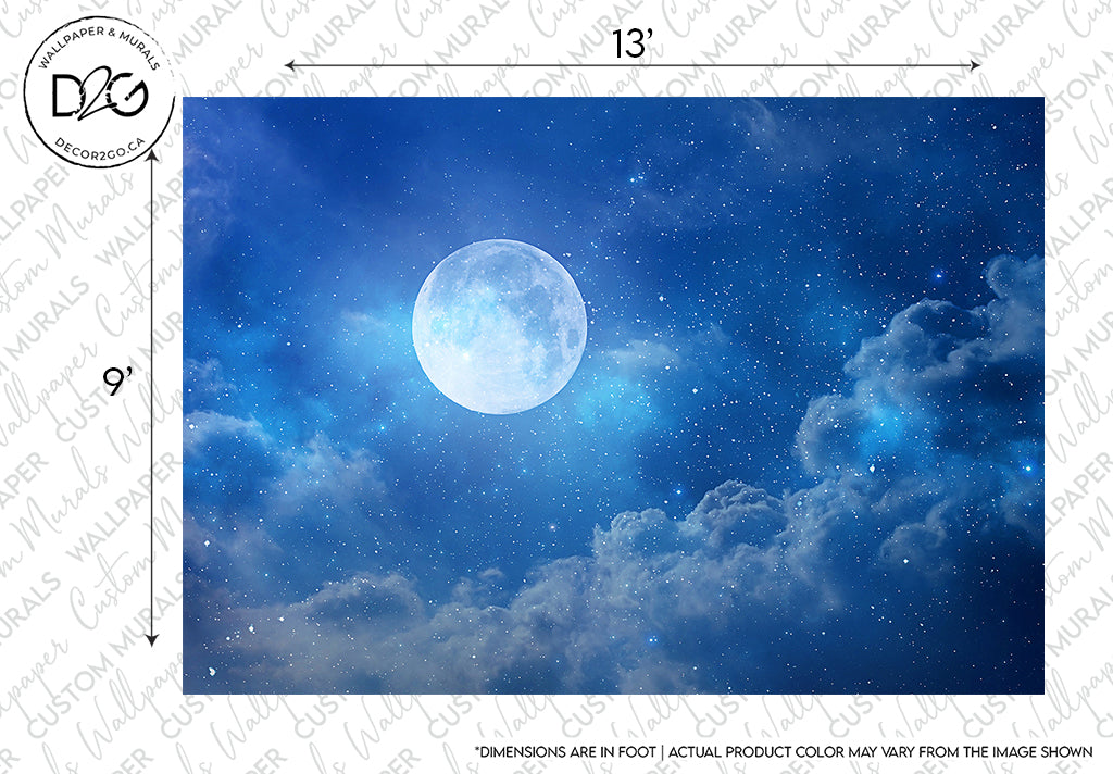 A large, luminous full moon dominates a dark blue night sky scattered with fluffy clouds, emphasizing the moon's brilliance and size. This Under the Moonlight Wallpaper Mural from Decor2Go Wallpaper Mural is perfect for bedrooms, creating a relaxing area.