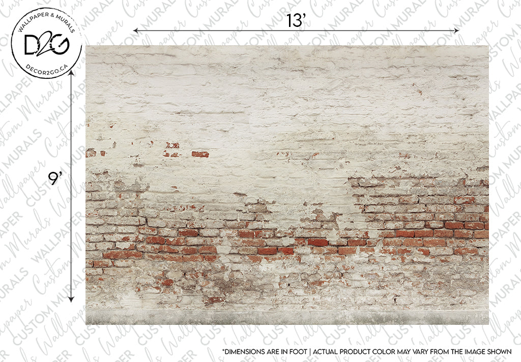 An Decor2Go Wallpaper Mural featuring a distressed brick wall with areas of white paint and exposed red bricks, framed by dimensions indicating 13 by 9 inches for a sample piece.