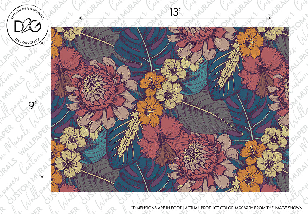 A floral pattern wallpaper design featuring large red and orange tropical flowers with yellow accents on a dark blue background. The image includes measurement markings and a logo indicating the Decor2Go Wallpaper Mural Vintage Pink design source.