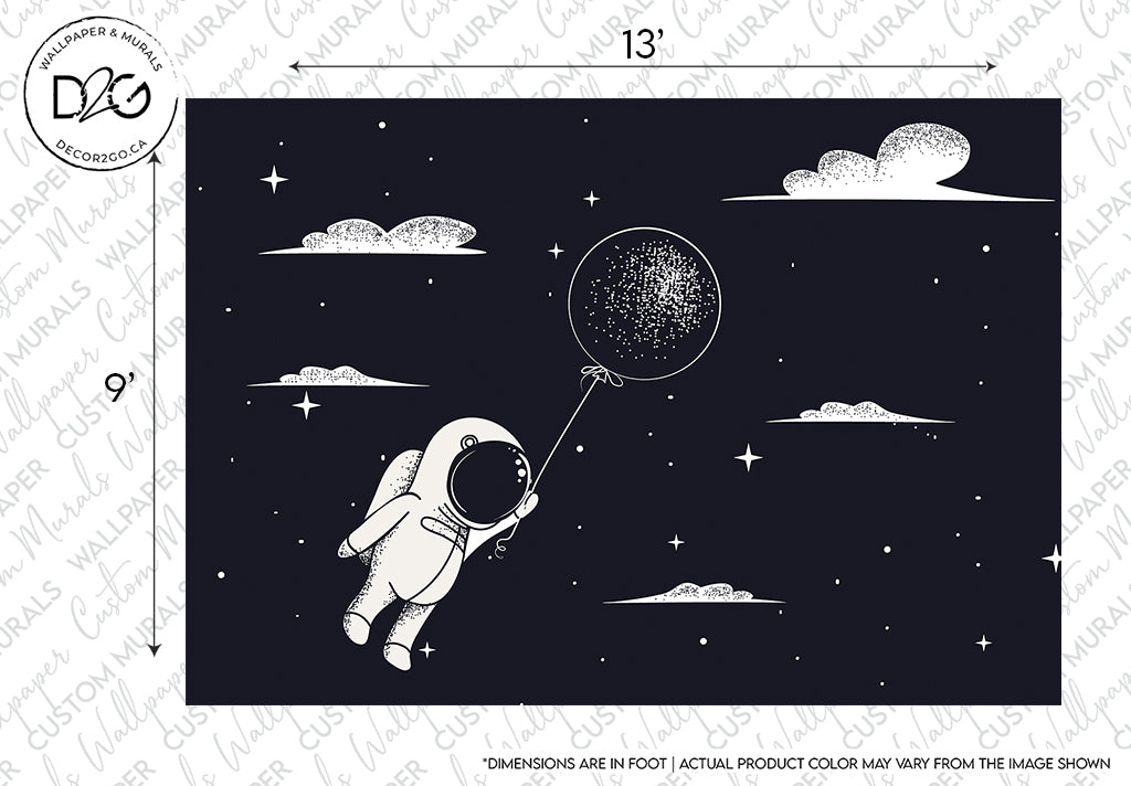 An illustration depicting an astronaut in a spacesuit holding a dandelion, floating in space among stars and clouds, on a sparkly night design background featuring the Wanderlust Wallpaper Mural by Decor2Go Wallpaper Mural.