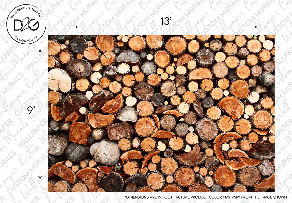 High-resolution image of a pile of cut, stacked firewood, perfect for a rustic atmosphere feature wall, showcasing a variety of colors and textures with dimensions marked as 13 by 9 feet featuring the "World of Wood" Wallpaper Mural from Decor2Go Wallpaper Mural.