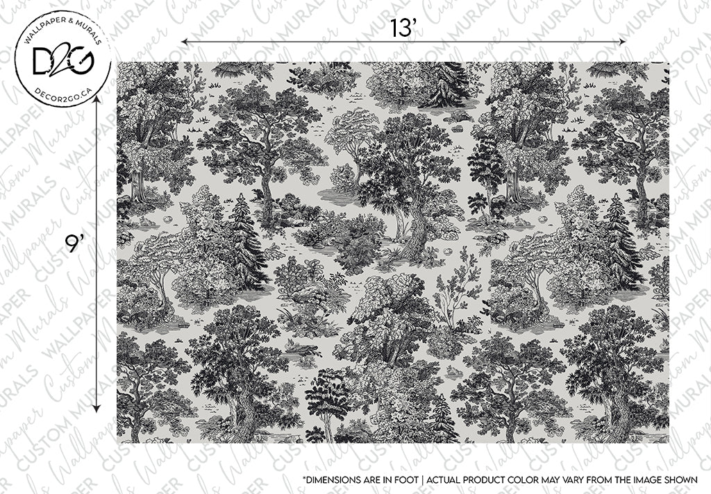 This image features the Forest Reverie Wallpaper Mural by Decor2Go Winnipeg, a decorative black and white wallpaper with a detailed forest pattern, showcasing various trees, shrubs, and a pastoral scene. Measuring 13 feet in width and 9 feet in height, this intricate forest design includes a background brand watermark.