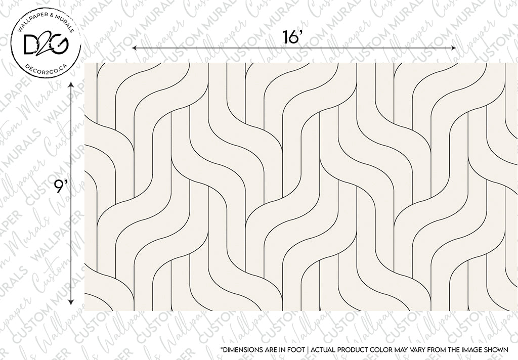 A custom **Decor2Go Wallpaper Mural** design featuring elegant, black curving lines that form a wavy pattern on a white background. The mural dimensions are 16 feet in width and 9 feet in height. Logos and text overlays are present on the top left and bottom sections, adding a sophisticated touch to the composition.