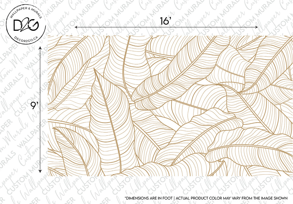 A wall mural measuring 16 feet by 9 feet, featuring a pattern of large, golden leaves outlined on a white background. This luxury wallpaper, named Golden Escape Wallpaper Mural, appears to be from Decor2Go Wallpaper Mural, as indicated by the branding in the corners.