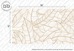 A wall mural measuring 16 feet by 9 feet, featuring a pattern of large, golden leaves outlined on a white background. This luxury wallpaper, named Golden Escape Wallpaper Mural, appears to be from Decor2Go Wallpaper Mural, as indicated by the branding in the corners.