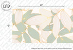 Elegant botanical Lush Leaves Wallpaper Mural design featuring a pattern of stylized, golden leaves on a light background, with dimensions marked as 16 x 9 inches by Decor2Go Wallpaper Mural.