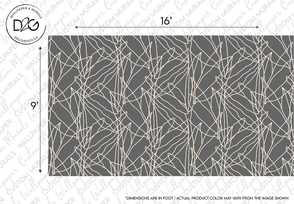 A design schematic showing a 16 by 9 feet area with a pattern of white interwoven lines on a dark gray background. This intricate Decor2Go Wallpaper Mural includes a logo and a note on A Modern Twist Wallpaper Mural color.