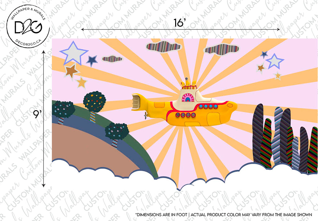 Illustration of a whimsical landscape perfect for Decor2Go Wallpaper Mural, featuring a bright yellow submarine flying through a pink sky with rays of light emanating from the center. The scene includes stars, clouds, colorful trees, and striped tall structures. Dimensions: 16' x 9'.