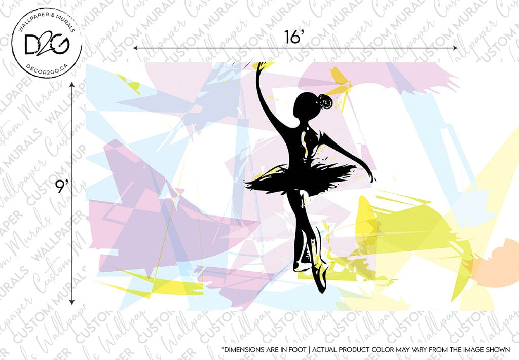 Silhouette of a ballerina in a tutu, mid-pirouette, against a colorful abstract background with geometric shapes in pastel colors. A watermark reads "Decor2Go Wallpaper Mural".