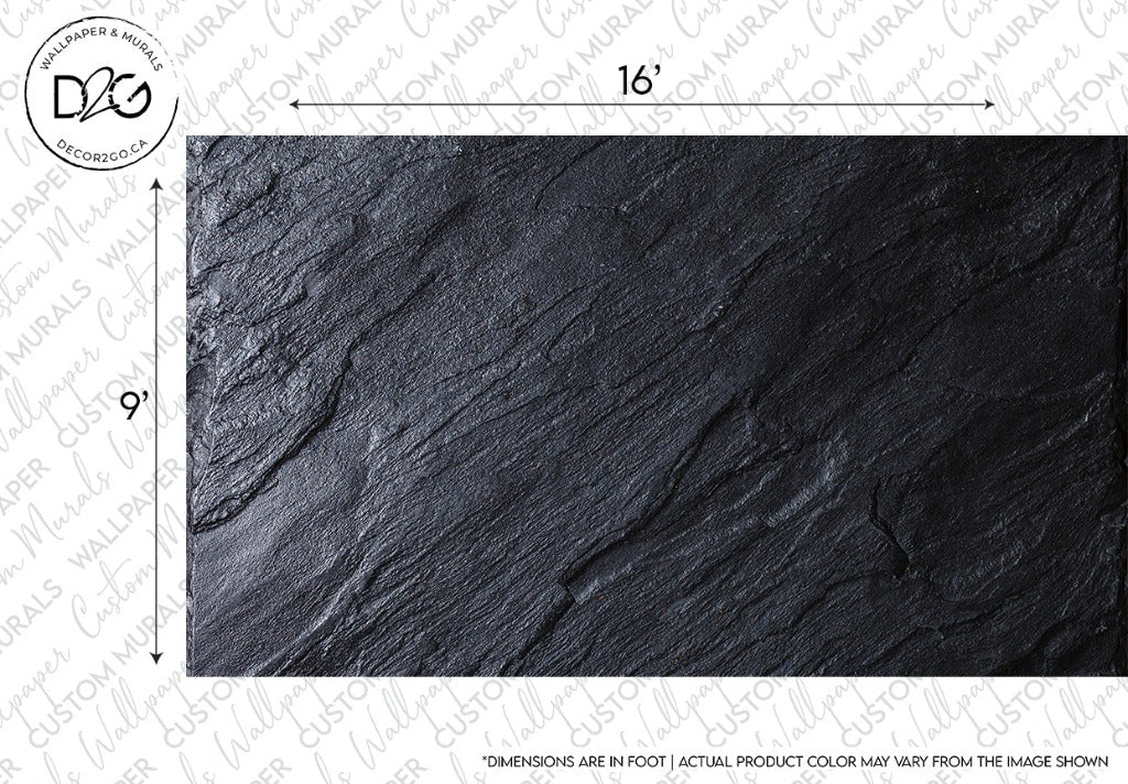 Textured slate surface with natural patterns, dimensions marked as 16 inches by 9 inches, featuring an industrial touch with a disclaimer of non-actual colors and sizes, from Decor2Go Wallpaper Mural's Black Stone Wallpaper Mural.