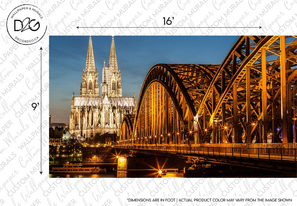A picturesque view featuring the illuminated gothic spires of Cologne Cathedral behind the Hohenzollern Bridge at dusk, with radiant sunset blends and the bridge's prominent steel arches can be captured beautifully with the Decor2Go Wallpaper Mural.