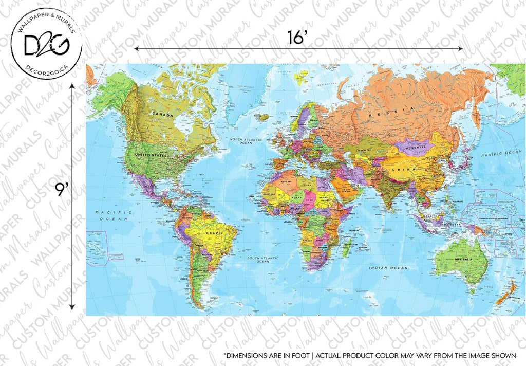 A colorful Bright World Map Wallpaper Mural with detailed labels for countries and major cities, marked with a grid showing the dimensions of 16 inches by 9 inches. A decorative border surrounds the map.