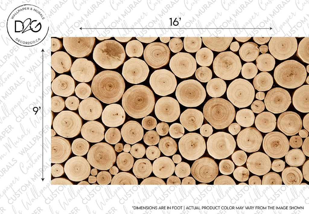 A textured surface featuring a pattern of numerous cross-sectional cuts of wooden logs arranged tightly together, showcasing various wood grain patterns and tones, giving off a distinct cabin vibe. This is the Chopped Wood Wallpaper Mural from Decor2Go Wallpaper Mural.