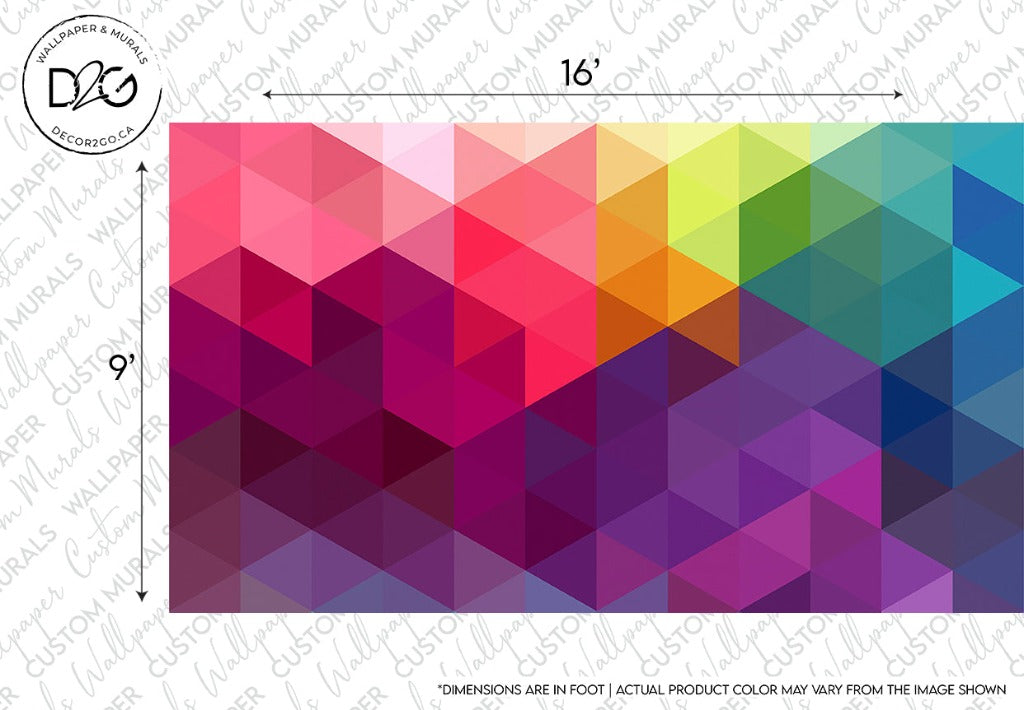 A vibrant geometric Decor2Go Wallpaper Mural design featuring a grid of triangles in various shades of red, pink, purple, blue, and green, creating a dynamic, pixel-like gradient effect.