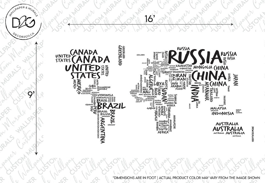 Blueprint-style image depicting a Decor2Go Wallpaper Mural formed with country names styled and positioned in the shape of each country, with measurements and a label indicating scale. Ideal for vintage interior spaces.